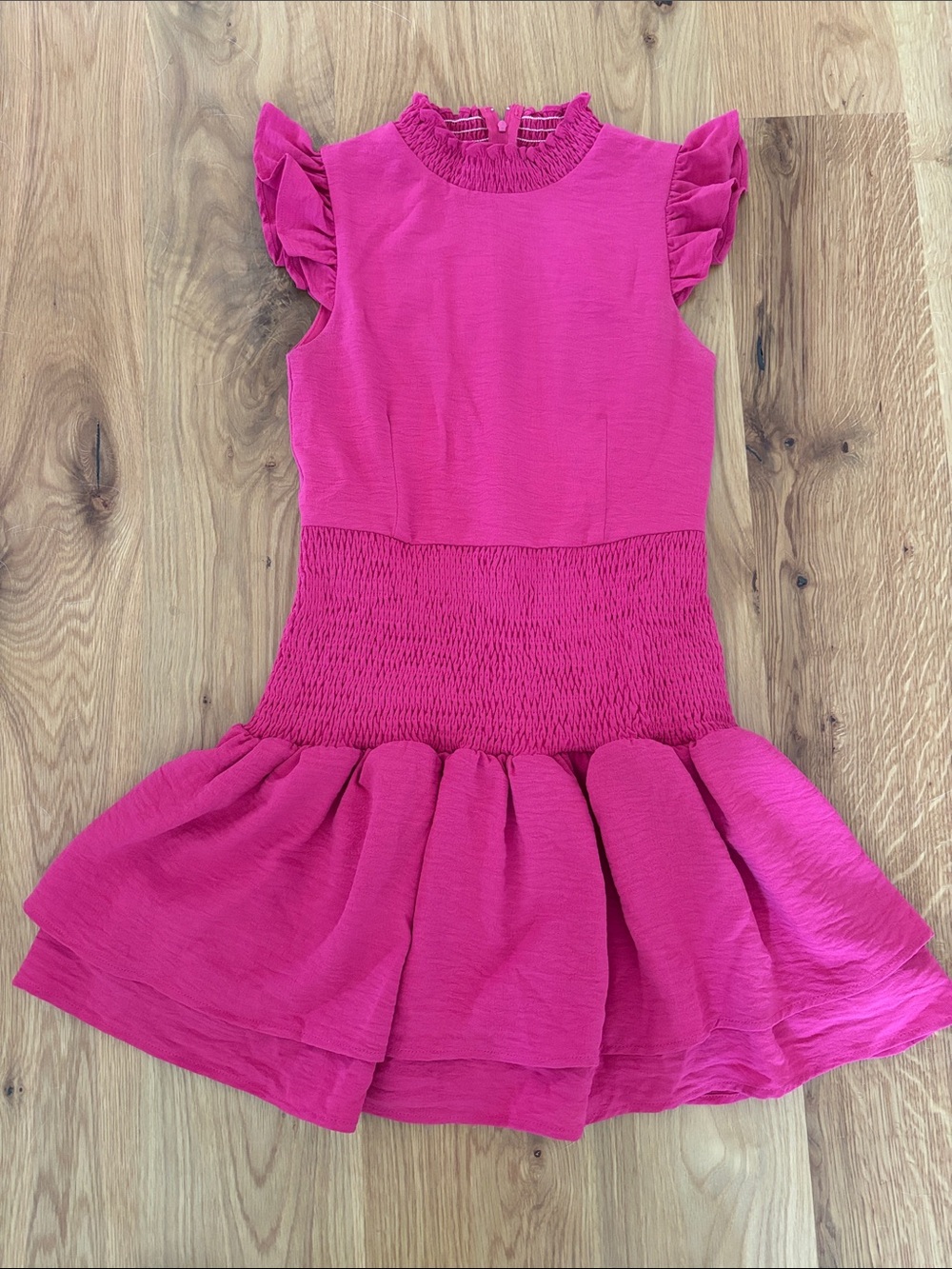 Girls' Bright Pink Smocked Waist Ruffle Sleeve Dress